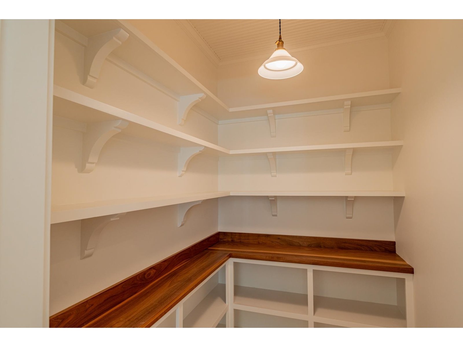 Beadboard Ceiling, French Warehouse Light & Shelves