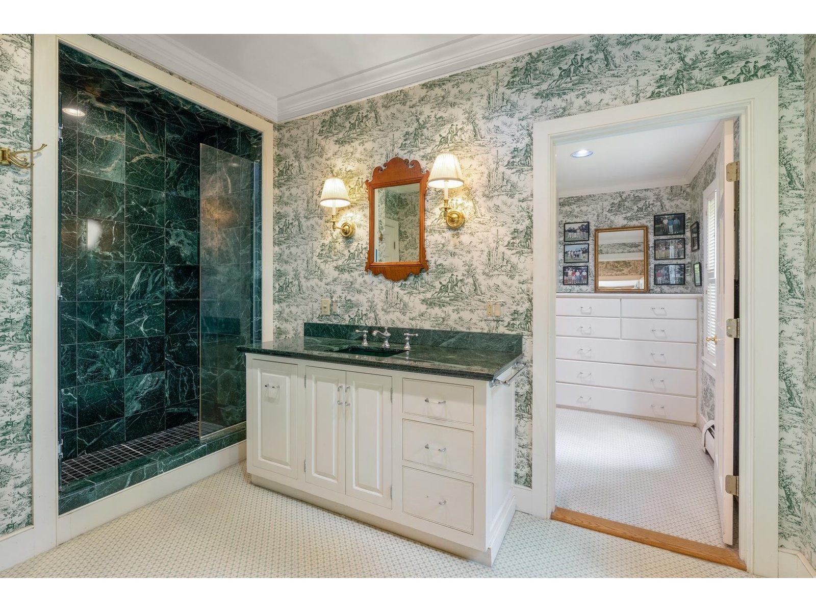 Primary bath - verde marble shower