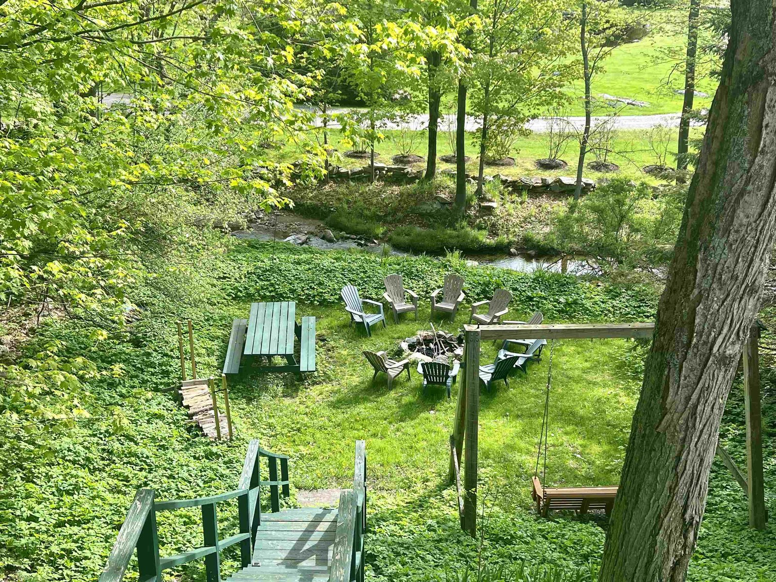 Steps down to the private back yard